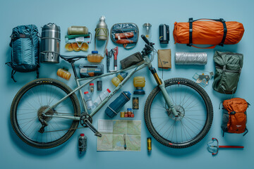 A comprehensive knolling photograph reveals the intricacies of bikepacking gear against a light blue background