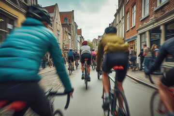 group cycling tourist meandering through charming small towns - obrazy, fototapety, plakaty