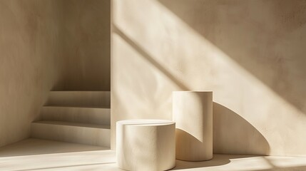 Fototapeta na wymiar Two-tier Cream Matte Cylindrical Podiums in Arch Sunlight for Displays