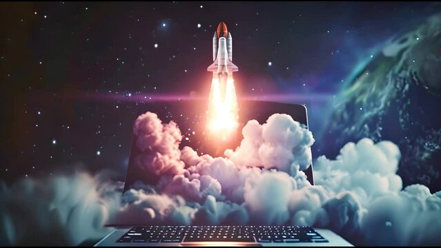 A concept  illustrating a space shuttle blasting off from a laptop, metaphorically visualizing startup growth and exploration.