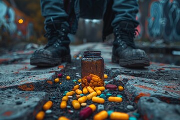 Striking photo of an overturned jar releasing yellow pills onto a street's rough texture