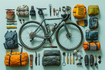 Against a serene light blue backdrop, the essentials of a bikepacking adventure are meticulously...