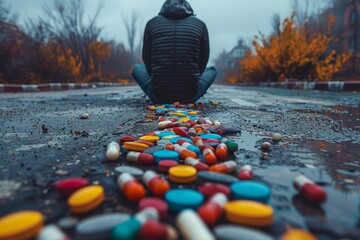 A serene Buddha statue overlooks a chaotic scattering of vibrant colored pills on a wet surface, symbolizing contrast - obrazy, fototapety, plakaty