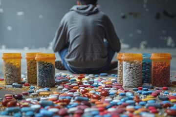 A lone figure faces medicine bottles amidst a sea of pills on a gritty floor, indicating dependence - obrazy, fototapety, plakaty