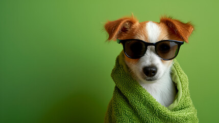 funny puppy dog wrapped with a green towel and wearing sunglasses on green background. copy space.. generative ai