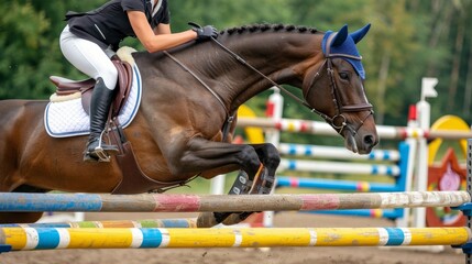 Equestrian rider showing precision and athleticism while jumping in a striking close up view.