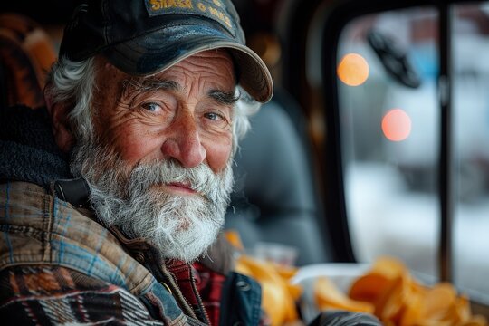 Cozy image of a trucker taking a nap, wrapped in a warm plaid jacket in the cabin of his truck