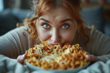 A playful close-up of a woman enjoying a bowl of pasta, highlighting her enjoyment and anticipation