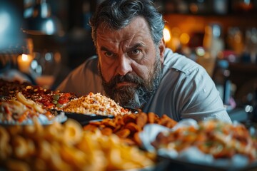 A man with a perplexed expression surrounded by an overwhelming amount of food on a table - obrazy, fototapety, plakaty