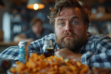 A bored-looking man with a full beard leans on a table filled with food and a beer, looking disinterested - obrazy, fototapety, plakaty