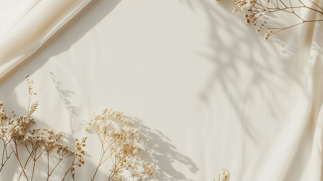 Flay lay of dried floral branches on plain background with organic objects for POD or printable products mockups with earthy natural eco vibes, natural lighting, blank empty space on right for listing