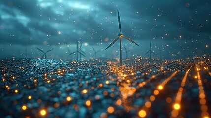 A conceptual image showcasing the integration of green energy solutions and sustainable power engineering, with symbols like wind turbines, solar panels, and eco-friendly technology - obrazy, fototapety, plakaty