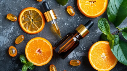 Vitamin c serum bottle with fresh orange slice, skincare beauty concept branding mockup