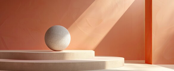 A textured stone sphere rests on a minimalist podium against a soft peach-colored backdrop with sunlight.