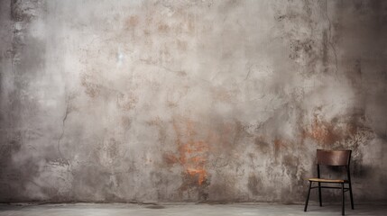 Minimalist photography of an empty retro rustic brown chair with copy space against a solid grey...