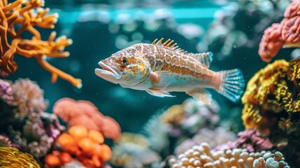 Naklejka na ściany i meble Wrasse fish elegantly swimming among colorful corals in vibrant saltwater aquarium.