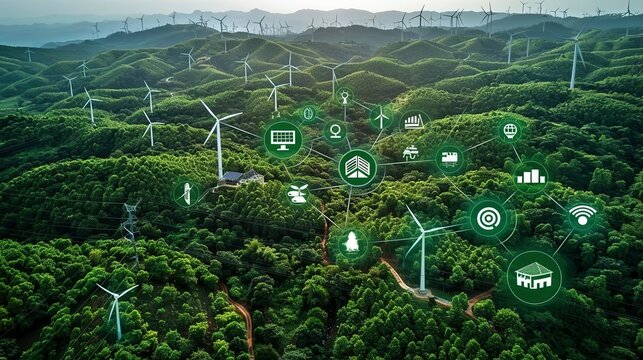 A conceptual image showcasing the integration of green energy solutions and sustainable power engineering, with symbols like wind turbines, solar panels, and eco-friendly technology