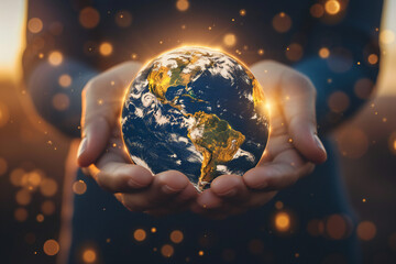 Embracing Our Planet: Hands Holding the Earth in Close-Up Ethereal Scene