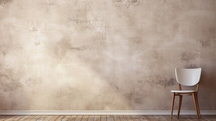 Minimalistic background image of a white chair against a solid neutral beige concrete wall with a...