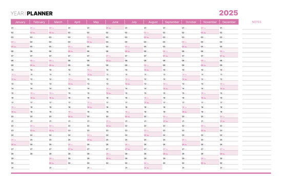 Blank red 2025 year year planner, wall calendar for monthly and daily agenda. Schedule page journal, stationery calendar, organizer, planner template with twelve months vector illustration