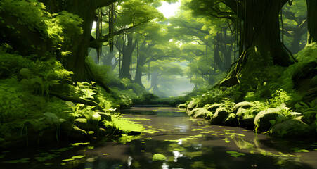 a creek in a green forest surrounded by trees
