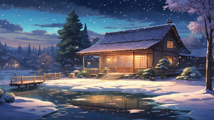 A quiet night when snow falls in winter in the yard behind the house where there is a natural pond. Without people