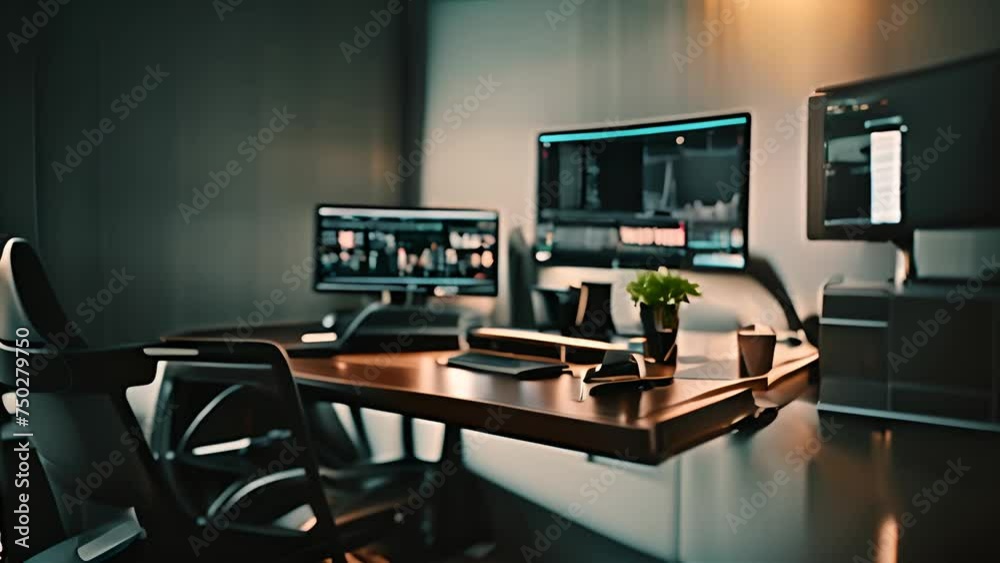 Poster modern desk setup with dual monitors and keyboard generative ai