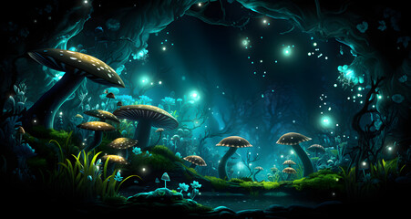 a group of mushrooms standing around in the dark