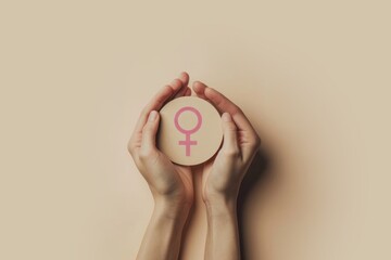 a woman's hands holding a symbol of womanhood, such as the Venus symbol, against a neutral background