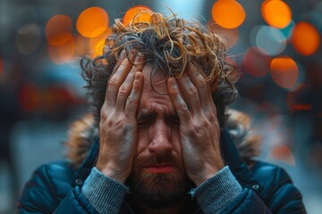 Dramatic image of a distressed man with hands on head set against a blurred city light backdrop - obrazy, fototapety, plakaty