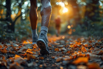 A close-up shot capturing the details of a person's feet walking on a path covered with fallen autumn leaves, illuminated by a golden sunset - Powered by Adobe