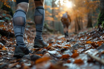 Photo of an athlete's legs in motion, running through an autumnal forest with leaves scattering among the vibrant natural scenery - Powered by Adobe