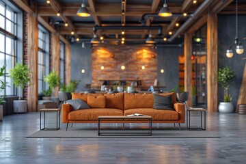 Spacious industrial loft living room featuring a chic orange velvet sofa set against a backdrop of stylish decor - obrazy, fototapety, plakaty