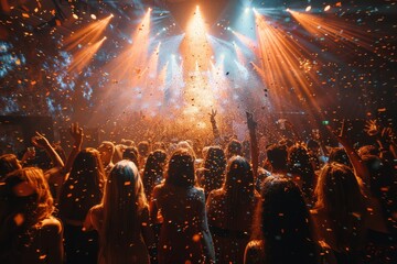 A crowd of partygoers enjoy a live concert with dazzling light effects and golden confetti filling...
