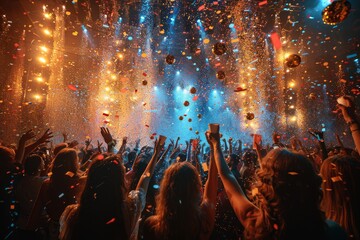 An electrifying scene of ecstatic individuals at a celebration with bright lights and colorful...