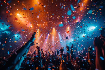 Revelers raise their hands in joy under a shower of confetti at a dynamic music event with...