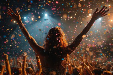 Arms outstretched, a person revels in the moment surrounded by a joyous crowd and an intense light and confetti show