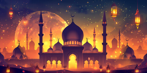 Mosque decorated with lanterns with a view of the sky at night with colorful background  Ramadan concept Nighttime View of a Mosque Under the Moon, Symbolizing Islamic Culture, Religion, and Architect - obrazy, fototapety, plakaty