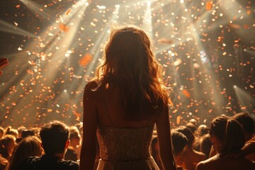 A woman stands in serene contemplation amidst a vibrant party bathed in warm light and confetti