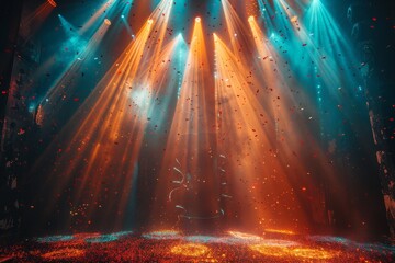 A music concert with an empty stage bathed in striking light effects, showcasing a spectacle