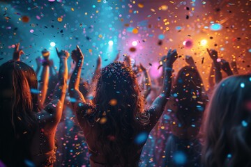 The audience in full celebratory mode with uplifted hands, showered in colorful confetti at a...