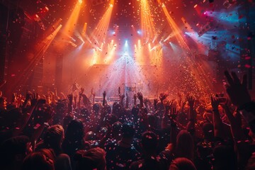 Immersive view of a live concert stage with a performing band, audience cheering, confetti explosion and dynamic stage lights