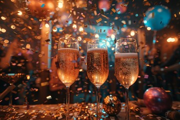 Celebratory close-up of three champagne glasses with bubbles, surrounded by festive confetti and party atmosphere