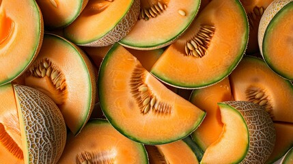 Cantaloupe on wooden table. Rustic tabletop with fresh cantaloupe. Top view