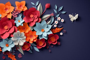 Colorful paper flowers, butterfly, and leaves on deep blue background. Bright paper craft arrangement with intricate details for creative projects and artistic designs.