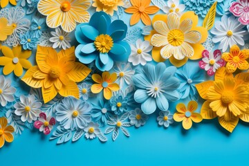 Fototapeta premium Paper Flower Collection on Blue Background. Handmade Flowers in Various Shades, Ideal for Crafting, Scrapbooking, and Design Projects. Add Color to Your Creations with These Floral Embellishments.