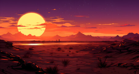 this is a painting of the sun setting over a desert