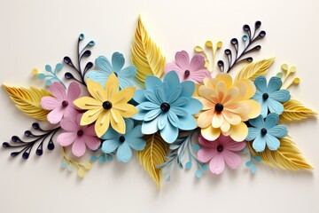 Beautiful paper flowers in blue, yellow, and pink on a white background. Perfect for scrapbooking, card making, and more. Add a burst of color to your projects with these vibrant paper decorations.