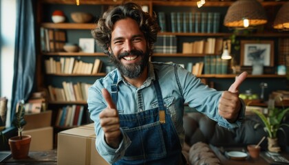 Cheerful mover in work coveralls giving thumbs up in new home living room with cardboard box