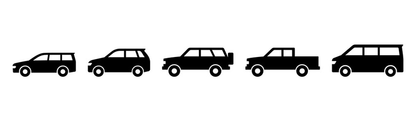Multipurpose passenger vehicle icons. Station wagon, SUV, cross country vehicle, pickup truck, and minivan.